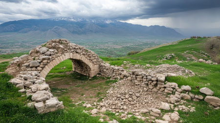 Ancient ruins with crumbling stone walls and scattered debris under a dramatic cloudy sky.の素材