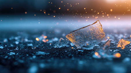 Broken glass debris glowing under neon lighting, creating a futuristic destruction theme.の素材