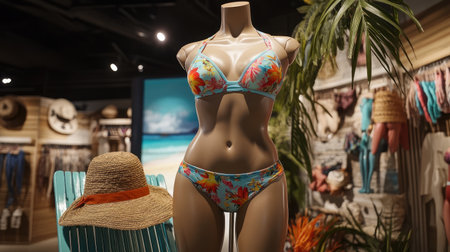 Mannequin showcasing a bikini with floral designs, with a colorful beach chair and sunhat beside it.の素材