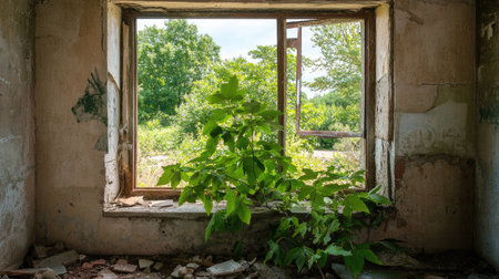 Abandoned urban ruins with cracked walls, crumbling concrete debris, and overgrown plants.の素材