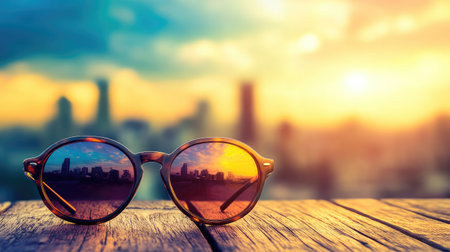 Close-up of sunglasses on a rustic wooden table with a blurred city skyline in the background.の素材