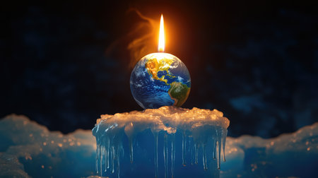 A candle burning in the shape of Earth, dripping wax onto a shrinking iceberg below.の素材