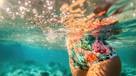 Close-up of a swimsuit with floral patterns, partially submerged in crystal-clear water, with sunlight shimmering on the surface.の素材