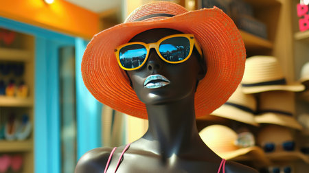 A mannequin in a vintage-inspired swimsuit, with sun hats and beach bags creating a sunny summer look.の素材