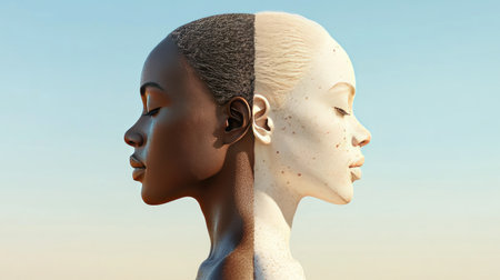 A Black and a White person standing back to back, symbolizing contrast and togetherness.の素材