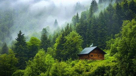 A scenic mountain retreat with a cozy cabin surrounded by lush green trees.の素材