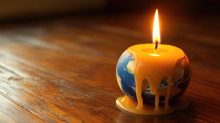 A burning Earth candle, continents dissolving into molten wax, visualizing global temperature rise.の素材