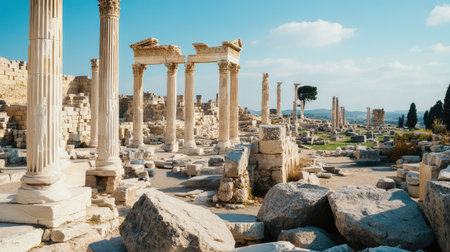 Ancient city ruins with cracked columns, broken statues, and scattered stone debris.の素材