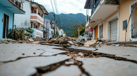 Earthquake aftermath with toppled structures, cracked pavement, and piles of debris.の素材