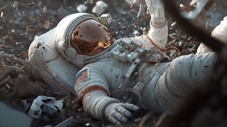 Astronaut in a spacesuit floating near a field of space debris, surrounded by broken equipment.の素材