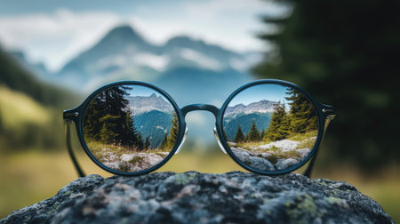 Reflection of a mountain landscape in the lenses of sunglasses placed on a rock.の素材