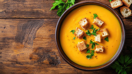 Overhead shot of a creamy bowl of pumpkin soup with croutons and fresh parsley, rustic wooden table.の素材