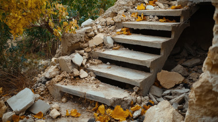 Broken concrete stairs with missing steps and scattered rubble, creating an abandoned look.の素材