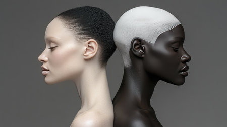 A Black and a White person standing back to back, symbolizing contrast and togetherness.の素材
