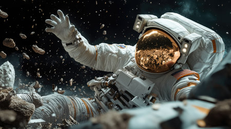 Astronaut in a spacesuit floating near a field of space debris, surrounded by broken equipment.の素材