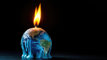 A candle in the shape of Earth, melting as its flames rage, signifying the dangers of climate change.の素材