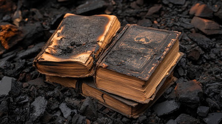 Charred books and burnt pages layered over blackened debris, symbolizing destruction.の素材