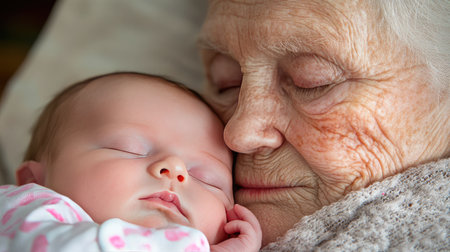 A newborn sleeping peacefully in an elderly person arms, a close-up capturing the warmth of generational love.の素材