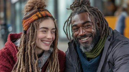 A Black and a White person sharing a smile, highlighting racial harmony and understanding.の素材