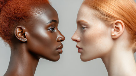 A Black and a White person sharing the same reflection in a mirror, symbolizing racial identity.の素材