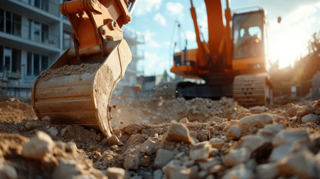 Construction site demolition with crushed concrete blocks and heavy machinery in the background.の素材