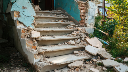 Broken concrete stairs with missing steps and scattered rubble, creating an abandoned look.の素材