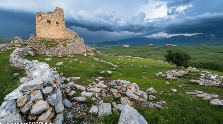 Ancient ruins with crumbling stone walls and scattered debris under a dramatic cloudy sky.の素材