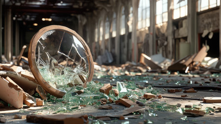 Aftermath of destruction with glass debris mixed with dust and rubble on the floor.の素材
