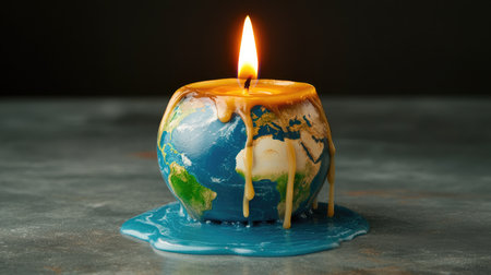 A melting Earth candle, with oceanic wax flooding the base, illustrating the consequences of rising temperatures.の素材