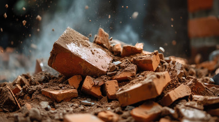 Construction debris, including broken tiles, crushed bricks, and cement dust covering the ground.の素材