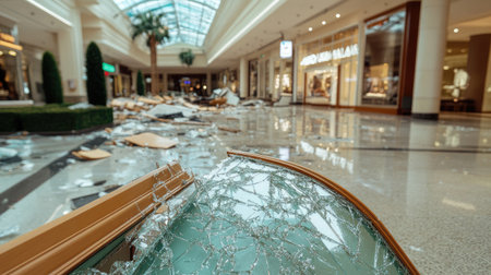 Ruined shopping mall with shattered glass, collapsed walls, and broken furniture in the debris.の素材