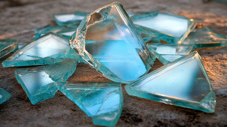 Broken mirror shards reflecting distorted images, scattered on a dusty surface.の素材