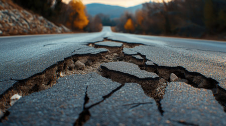 Destroyed road with cracks, rubble, and asphalt chunks forming an intense debris background.の素材