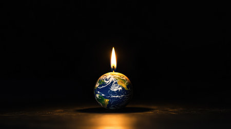 A single lit candle in the shape of Earth, melting into darkness, representing the planet fragile state.の素材