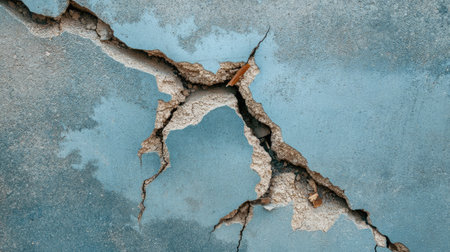 Close-up of a cracked concrete wall with fallen debris and exposed rebar.の素材