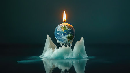 A candle burning in the shape of Earth, dripping wax onto a shrinking iceberg below.の素材