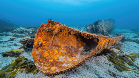 Corroded pieces of a shipwreck resting on the seabed, surrounded by seaweed and marine debris.の素材