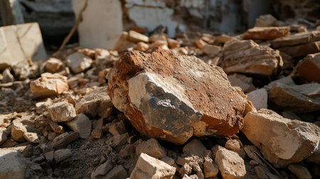 Dust-covered demolition site with scattered bricks, concrete fragments, and shattered wood.の素材
