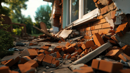 Crumbling abandoned building filled with broken bricks, shattered glass, and scattered debris.の素材