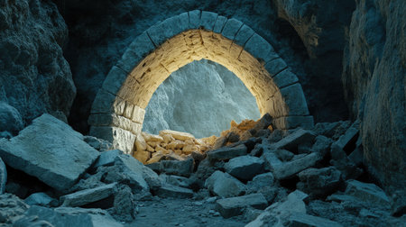 Collapsed tunnel entrance with concrete debris blocking the path and dim light filtering through.の素材