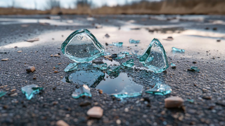 Cracked window with shattered glass fragments on the ground, creating a sharp debris scene.の素材