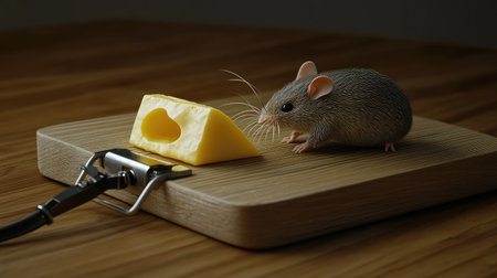 A computer mouse with a cheese trap, satirizing how technology lures people into endless distractions.の素材