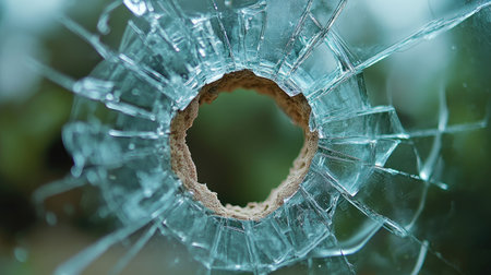 Bullet hole in a glass panel with spiderweb cracks and shattered fragments around.の素材
