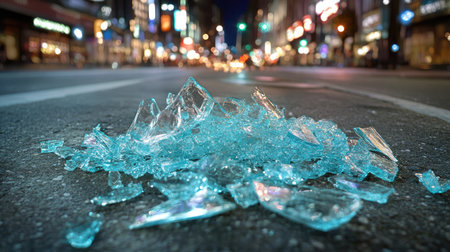 Crushed glass on an urban street, reflecting city lights in jagged shards.の素材