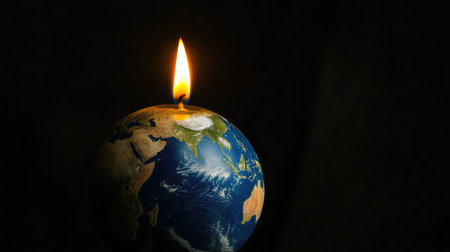 Earth silhouette as a candle, burning away from both poles, highlighting the urgency of climate action.の素材