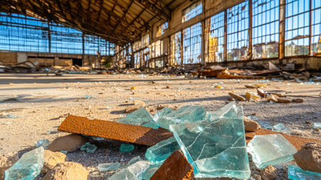 Collapsed factory with rusted beams, broken glass, and scattered industrial debris.の素材