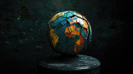 A cracked globe resting on a podium, symbolizing the fragility of global political decisions.の素材