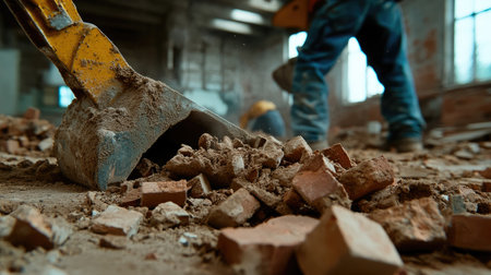 Dust-covered demolition site with scattered bricks, concrete fragments, and shattered wood.の素材