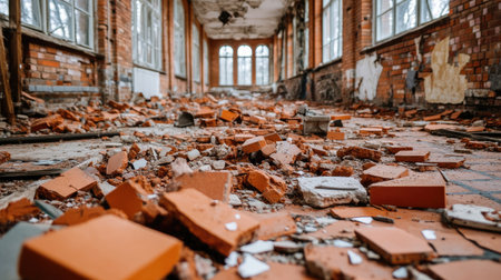Crumbling abandoned building filled with broken bricks, shattered glass, and scattered debris.の素材