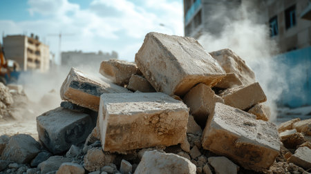 Crushed cinder blocks and construction waste spread across a dusty demolition site.の素材
